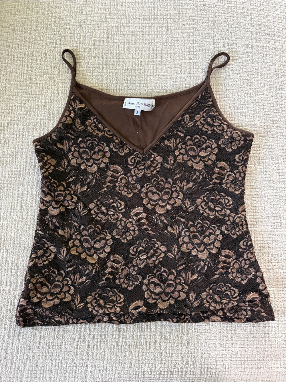 Anne Fontaine Top Serina Brown Metallic Lace Cami Sleeveless V Neck Lined Size 2